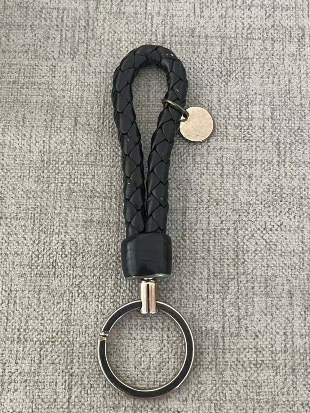 Authentic Bottega Veneta Black Braided Leather Silver Tag Keyring Bag Charm